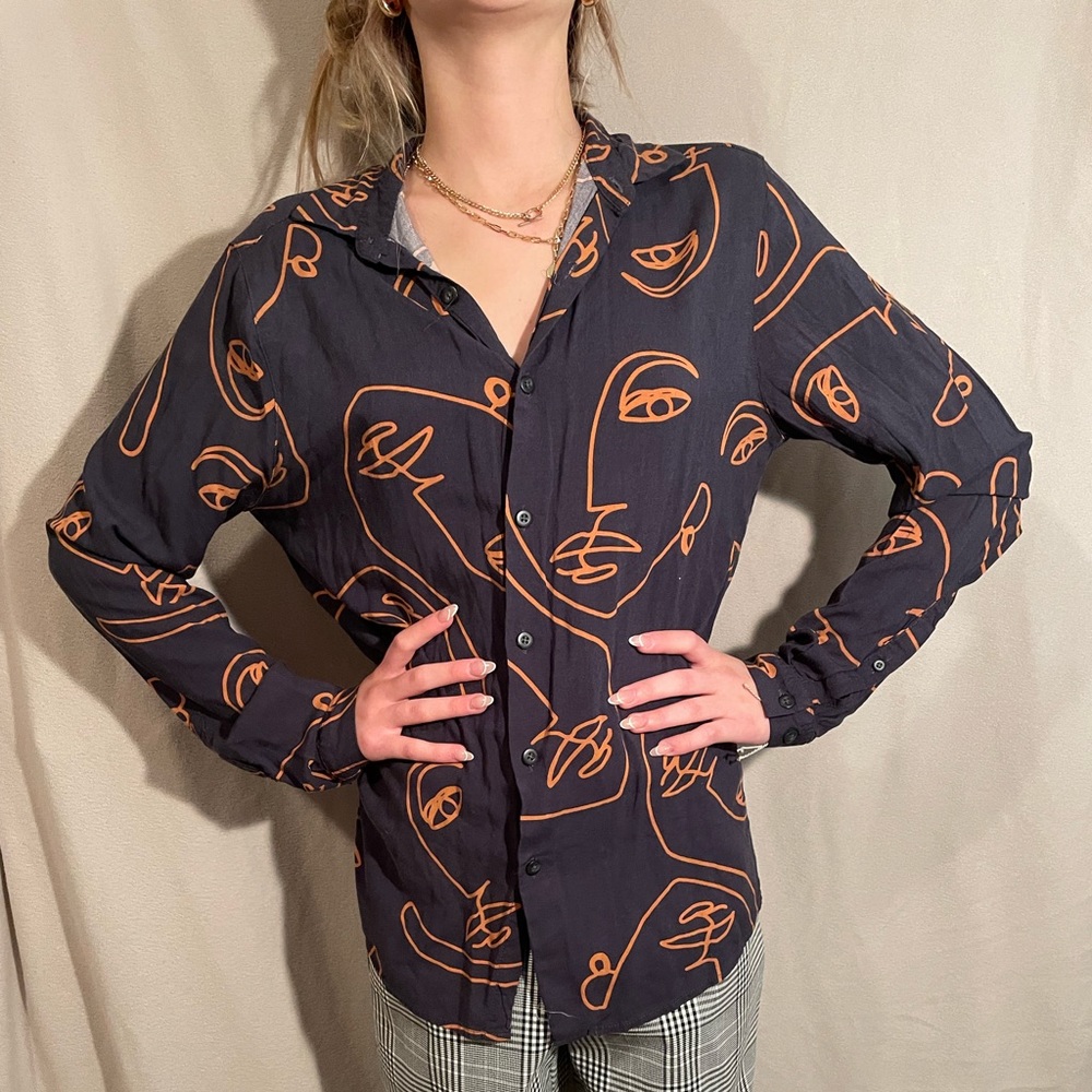 Abstract Face Button Down